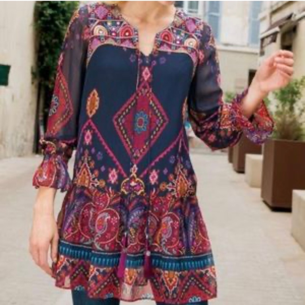 Bohemian Print Sheer Tunic Top